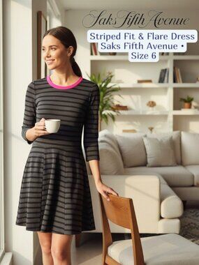 Saks Fifth Avenue RED Striped Fit Flare Dress Size 6 Pink Collar Knit